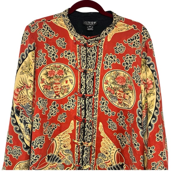 Citron Santa Monica Silk Red Asian Reversible Button Front Jacket Womens 2X - Picture 2 of 12
